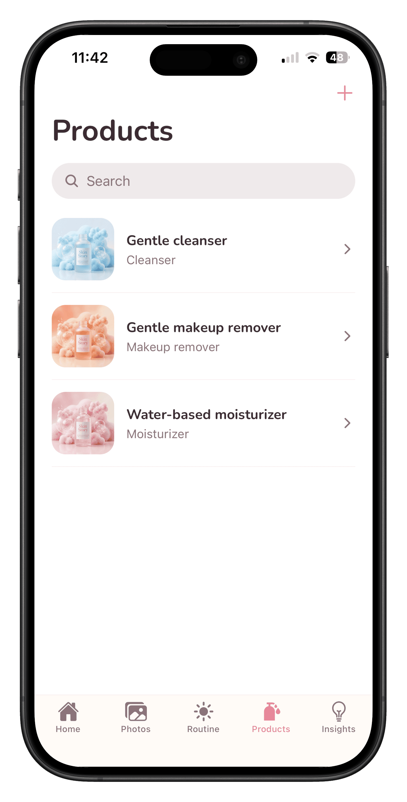 SkinStory product shelf with cleanser, makeup remover, and moisturizer